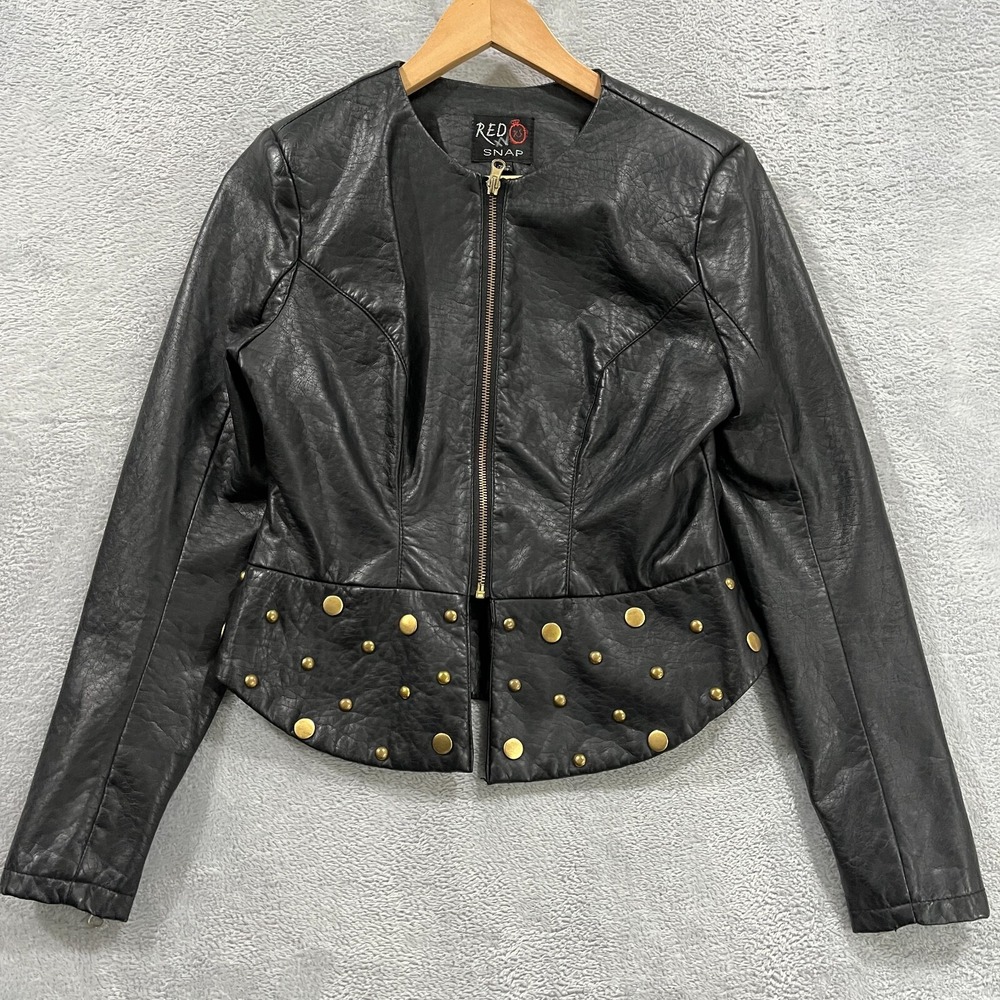 Red Snap Jacket Women S Black Faux Leather Moto Zip-Up‎ Grunge Studs Goth